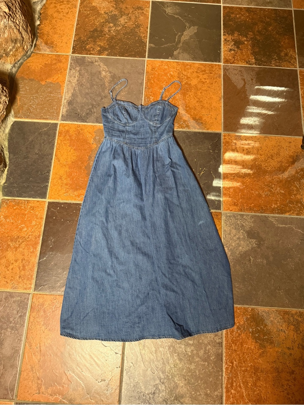 Blue Denim Spaghetti-Strap Midi Dress
